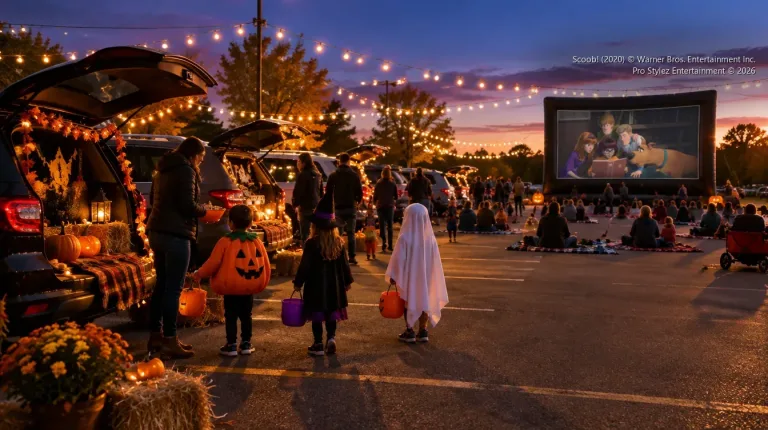 Trunk-or-treat in a parking lot with Scoob! playing on the outdoor movie screen