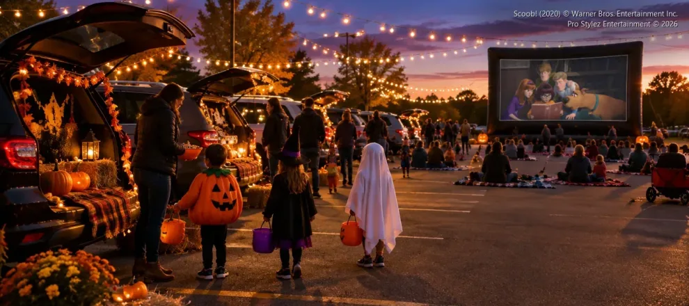 Trunk-or-treat in a parking lot with Scoob! playing on the outdoor movie screen